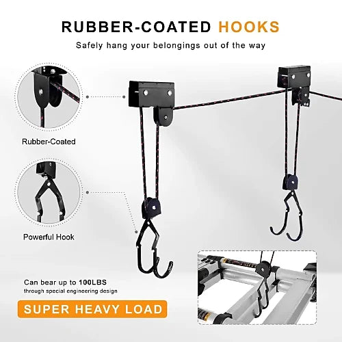 Garage ceiling pulley hoist with rubber-coated hooks and reinforced brackets lifting kayak or canoe – Onefeng heavy-duty 100 lb lift system