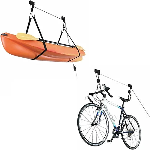 Onefeng ceiling hoist lifting kayak and bicycle – heavy-duty rope system for garage or indoor storage of bikes, SUP boards, or canoes