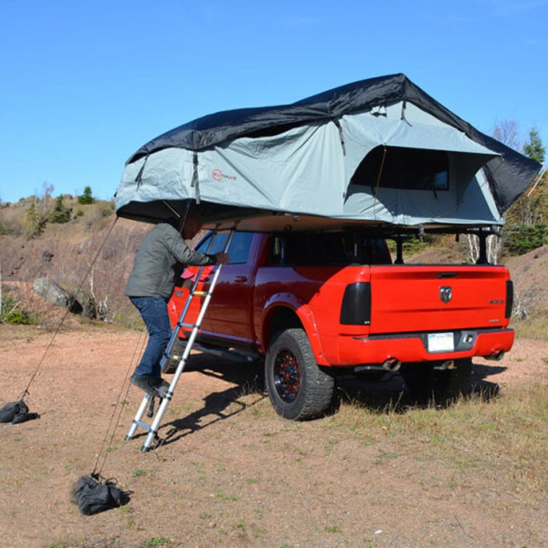 Enthuze 4 Person Rooftop Tent fully set up with ladder