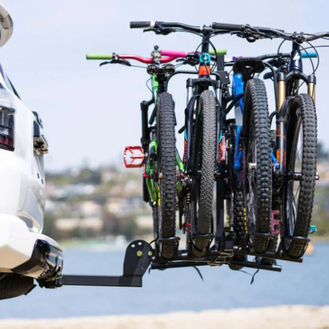 Enthuze Hitch Mounted 4 Bike Platform Rack with bikes loaded