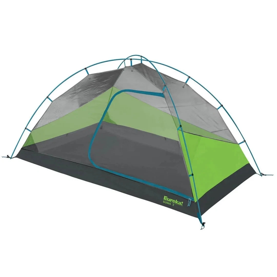 Interior view of the Eureka Suma 2 person tent without the rainfly, showing the mesh canopy and pole structure.