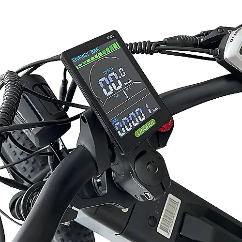 Close-up of KUGOO T01 Electric Bike LCD display with speed and battery info