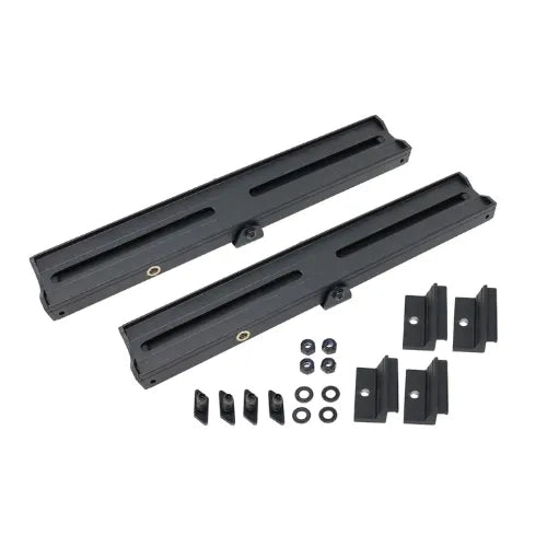 Set of black metal brackets and components on a white background