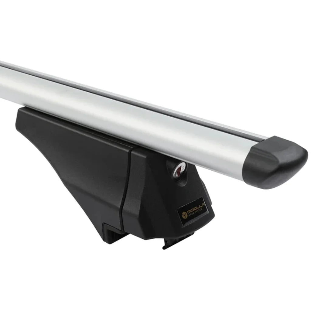 Close-up side view of silver Modula crossbar showing foot mount detail.