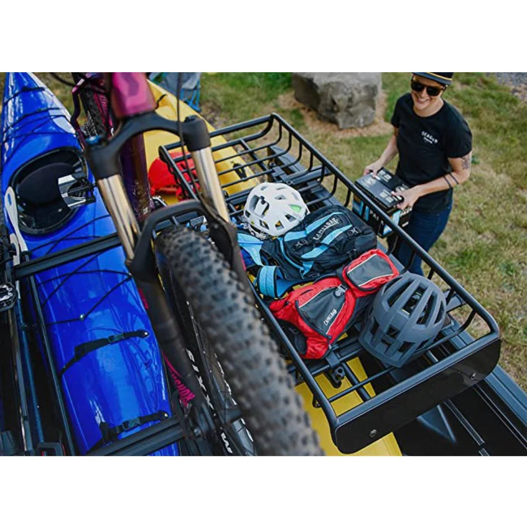 Narrow Rooftop Cargo Basket loaded with outdoor gear