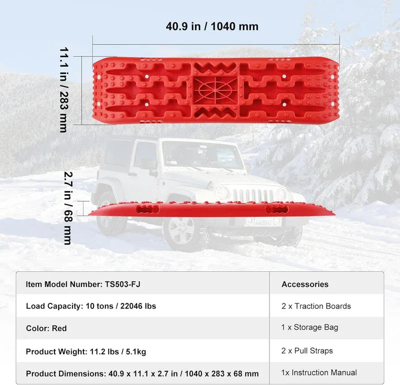 Product dimension chart for red recovery traction boards with vehicle graphic in snowy terrain.