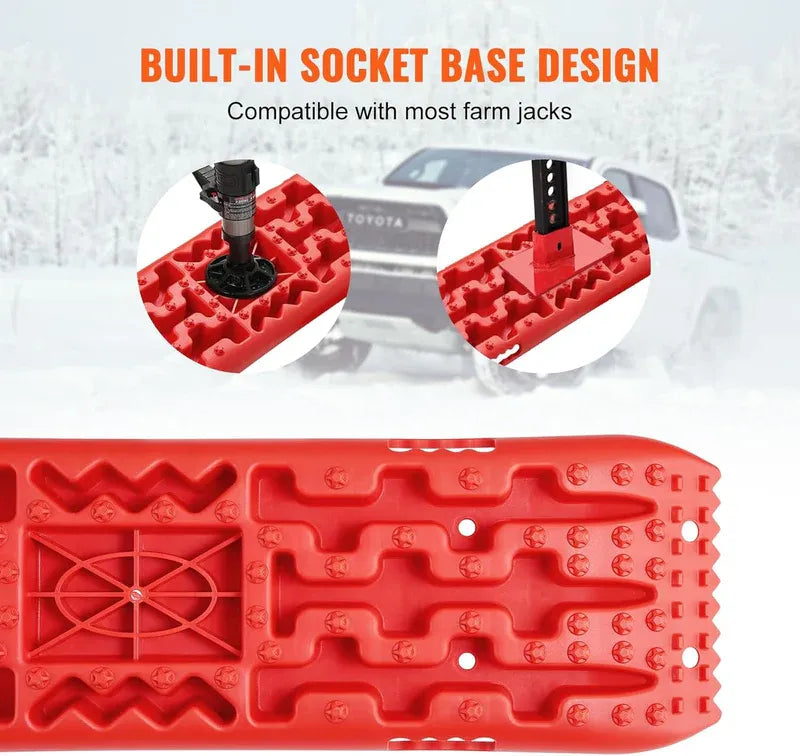 Infographic showing built-in socket base design of red recovery traction boards with compatibility for farm jacks