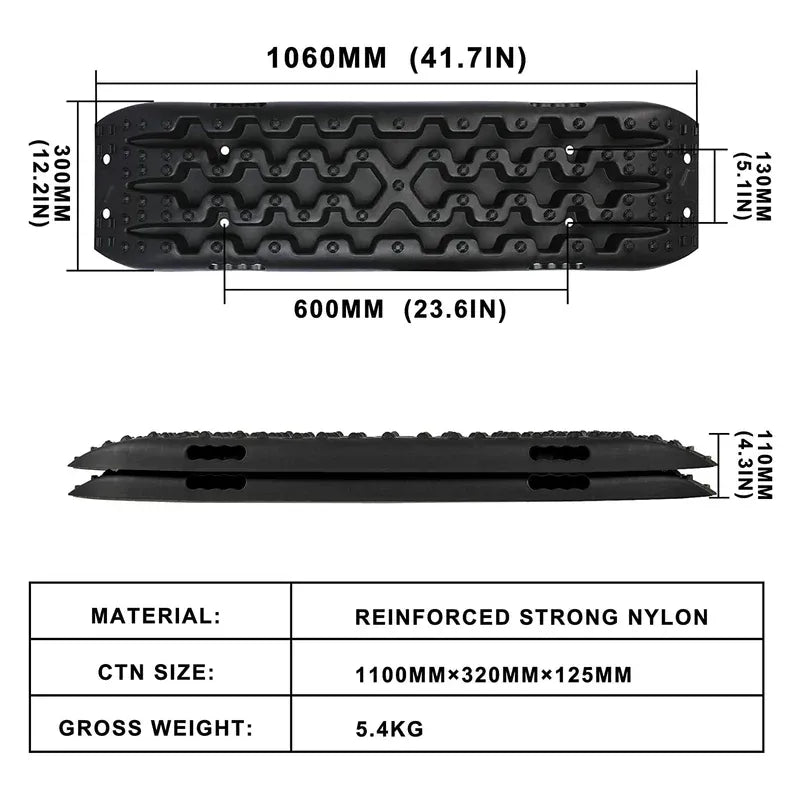 Detailed dimension diagram of black recovery traction boards with measurements and material specs.