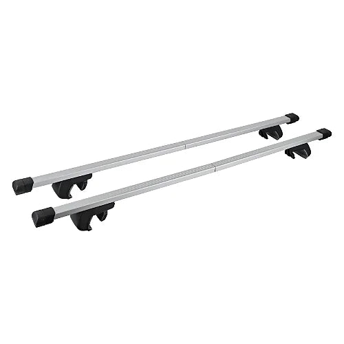 Pair of adjustable rooftop crossbars with clamp mounts, laid out side by side