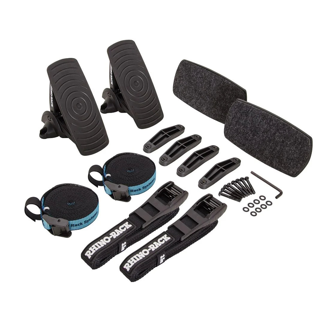 All included accessories for the Rhino-Rack Nautic 571 kayak carrier: straps, mounting brackets, Allen key, and cradle components.