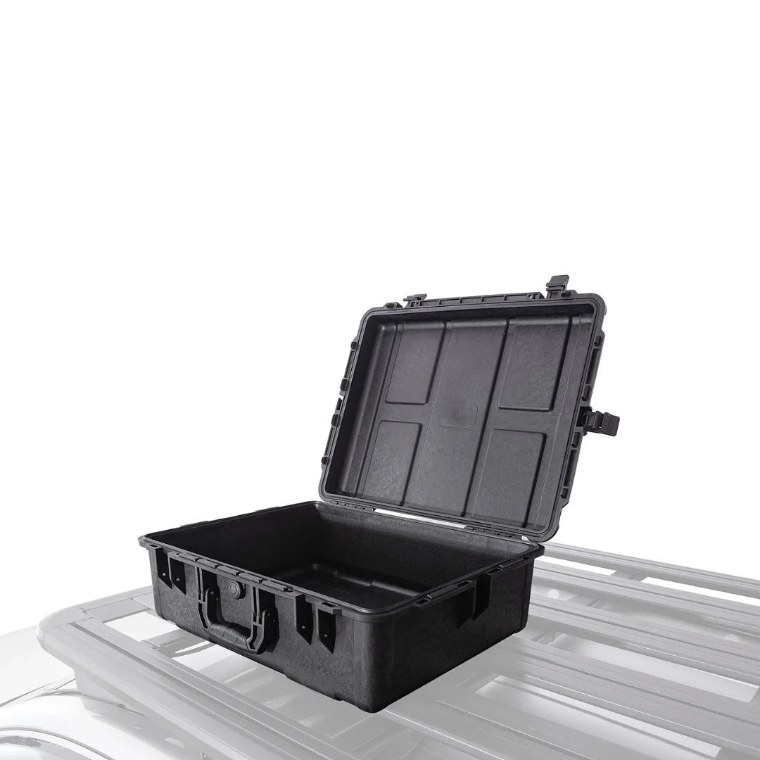 Rhino-Rack Cargo Case with lid open showing interior storage.