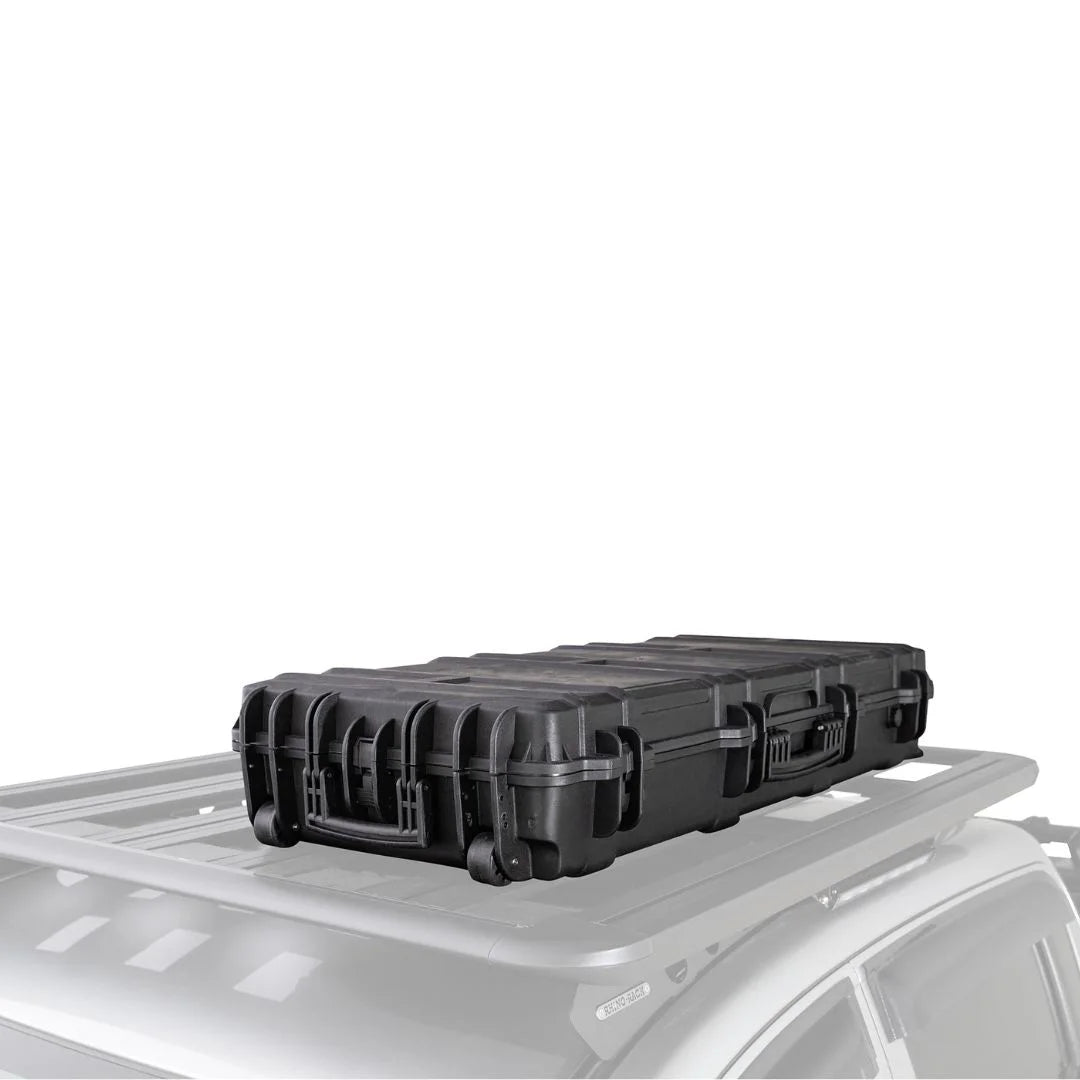 Rhino-Rack Cargo Case sitting closed on a roof rack.