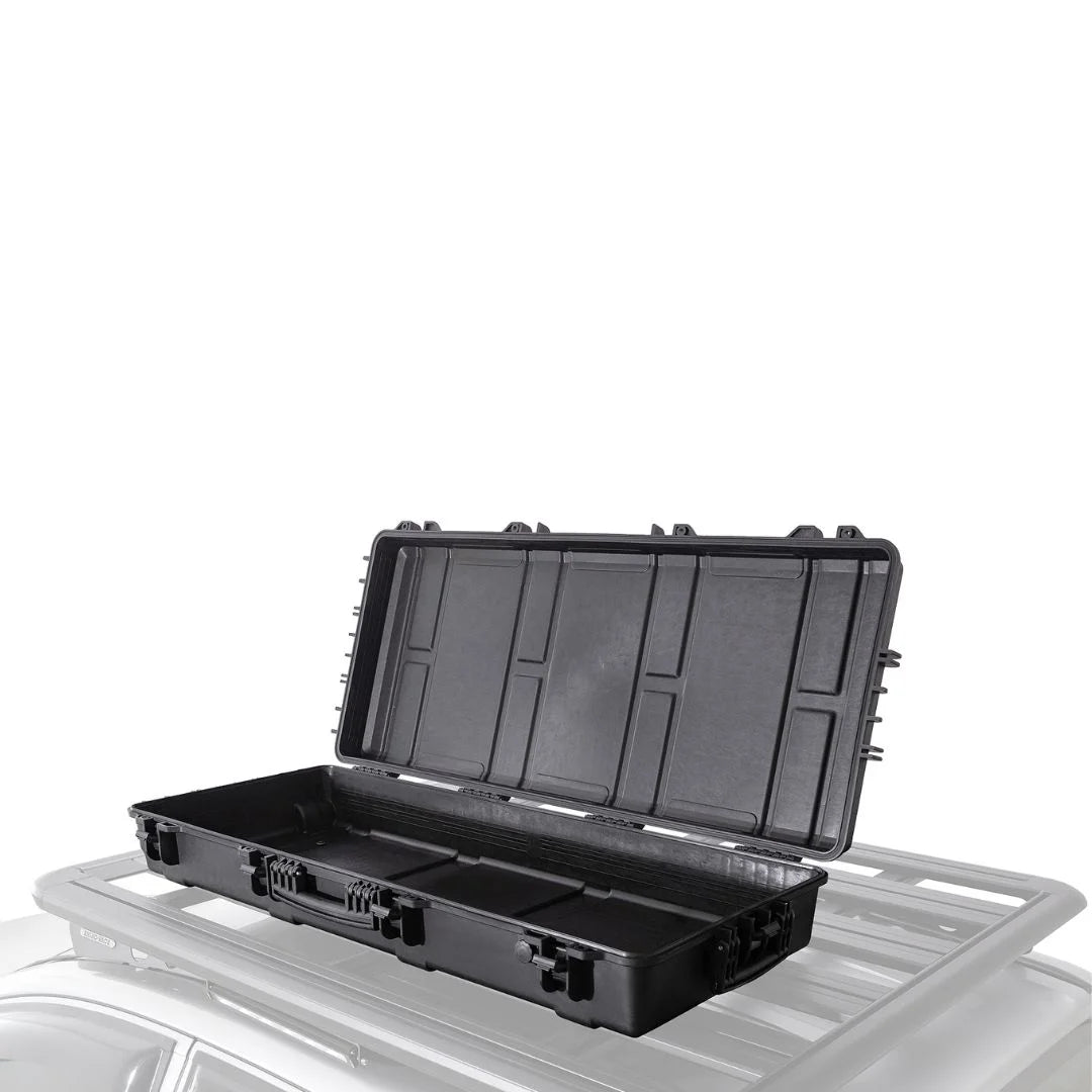 Rhino-Rack Cargo Case open and displayed on top of a Rhino-Rack roof platform.