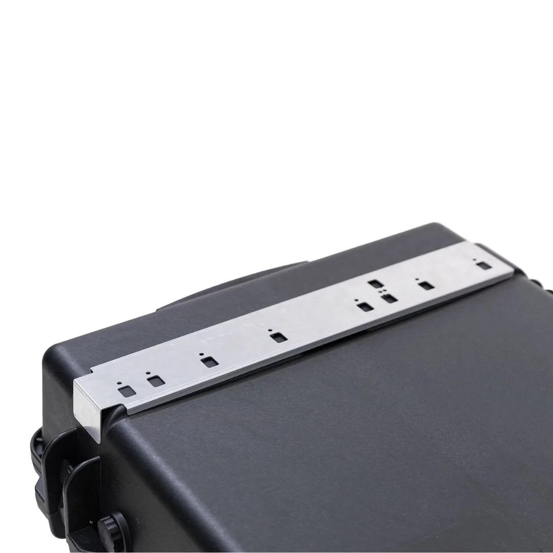 Close-up of the side edge and rail system of the Rhino-Rack Cargo Case.