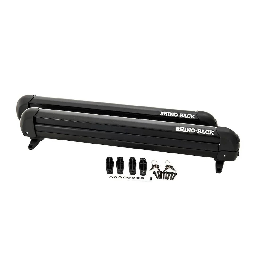 Rhino-Rack ski and snowboard carrier with included mounting hardware displayed on a white background.