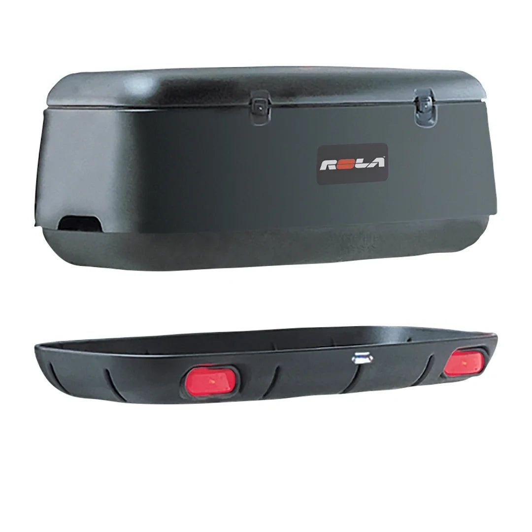 Rola Adventure System black cargo box and swing-out tray shown separately with visible locking latches and taillights.