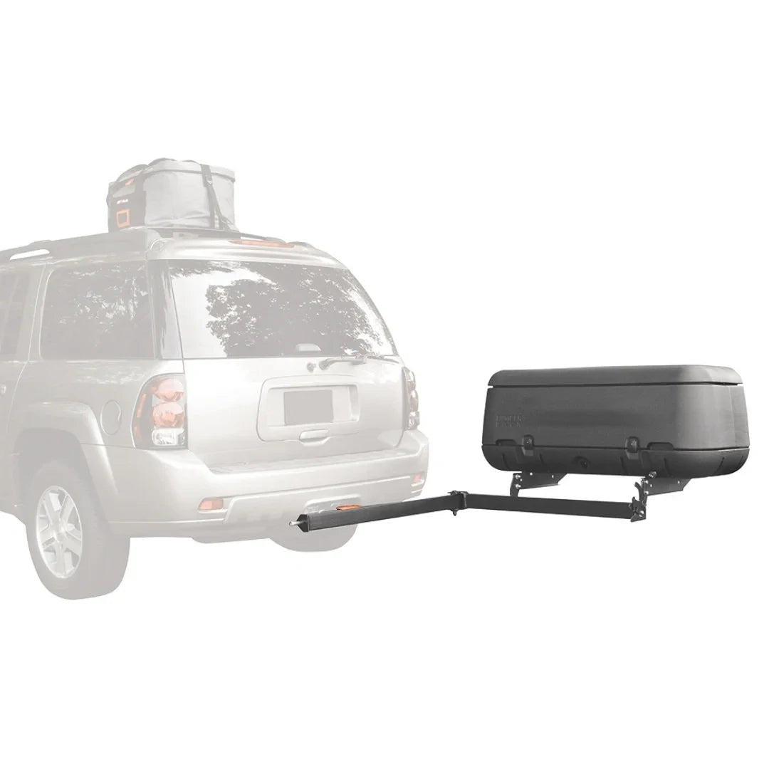 Rola Adventure System mounted on an SUV with swing-arm extended for trunk access.
