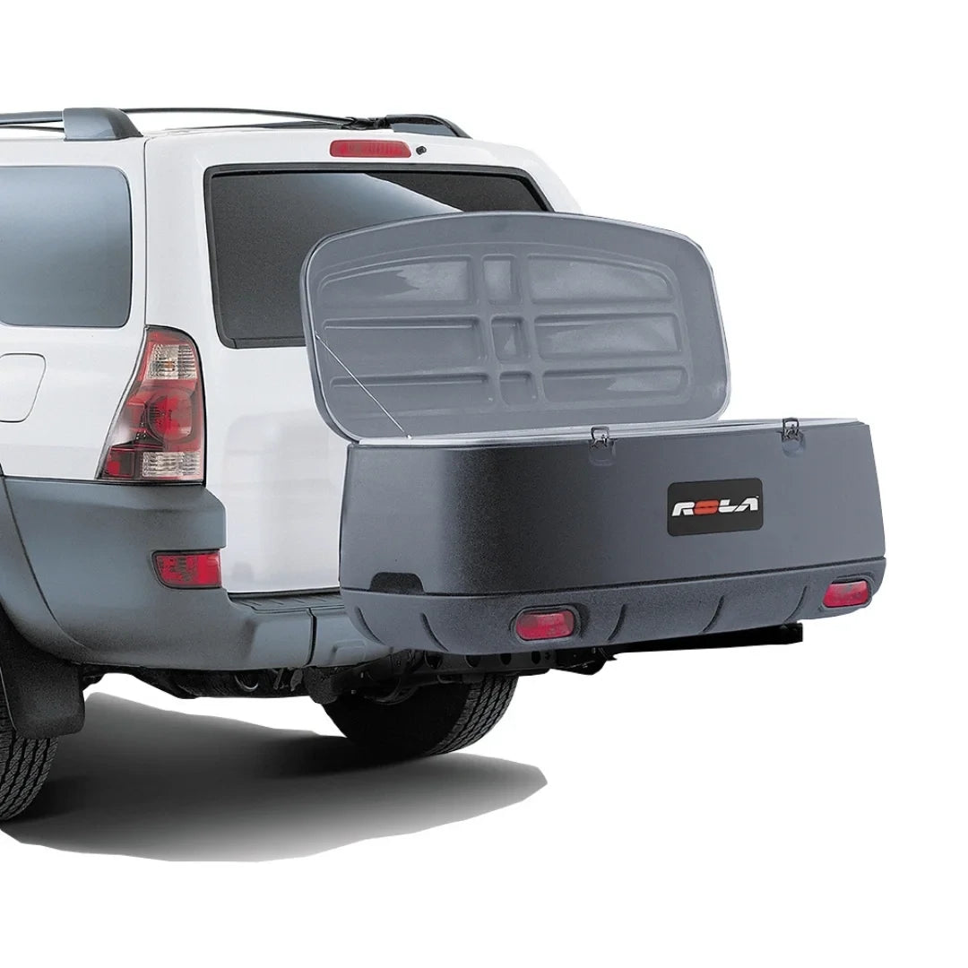 Rola cargo box in open position on SUV, highlighting interior storage space.