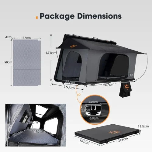 Dimensions of a san hima kalbarri side gen 2 rooftop tent with various measurements shown.