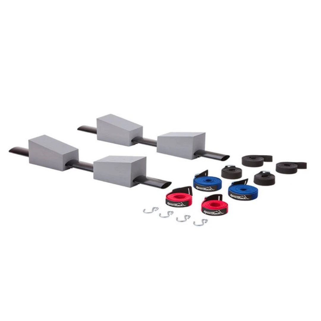 SportRack Adjustable Foam Kayak Carrier set with foam blocks, straps, hooks, and accessories arranged on white background.