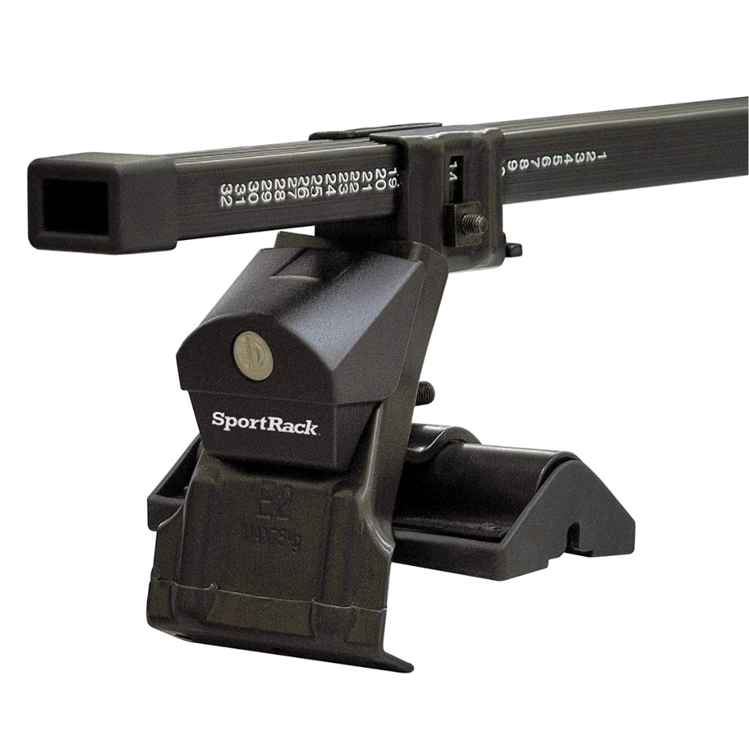SportRack Flush Roof Rack close-up showing square crossbar mounted on locking foot pack