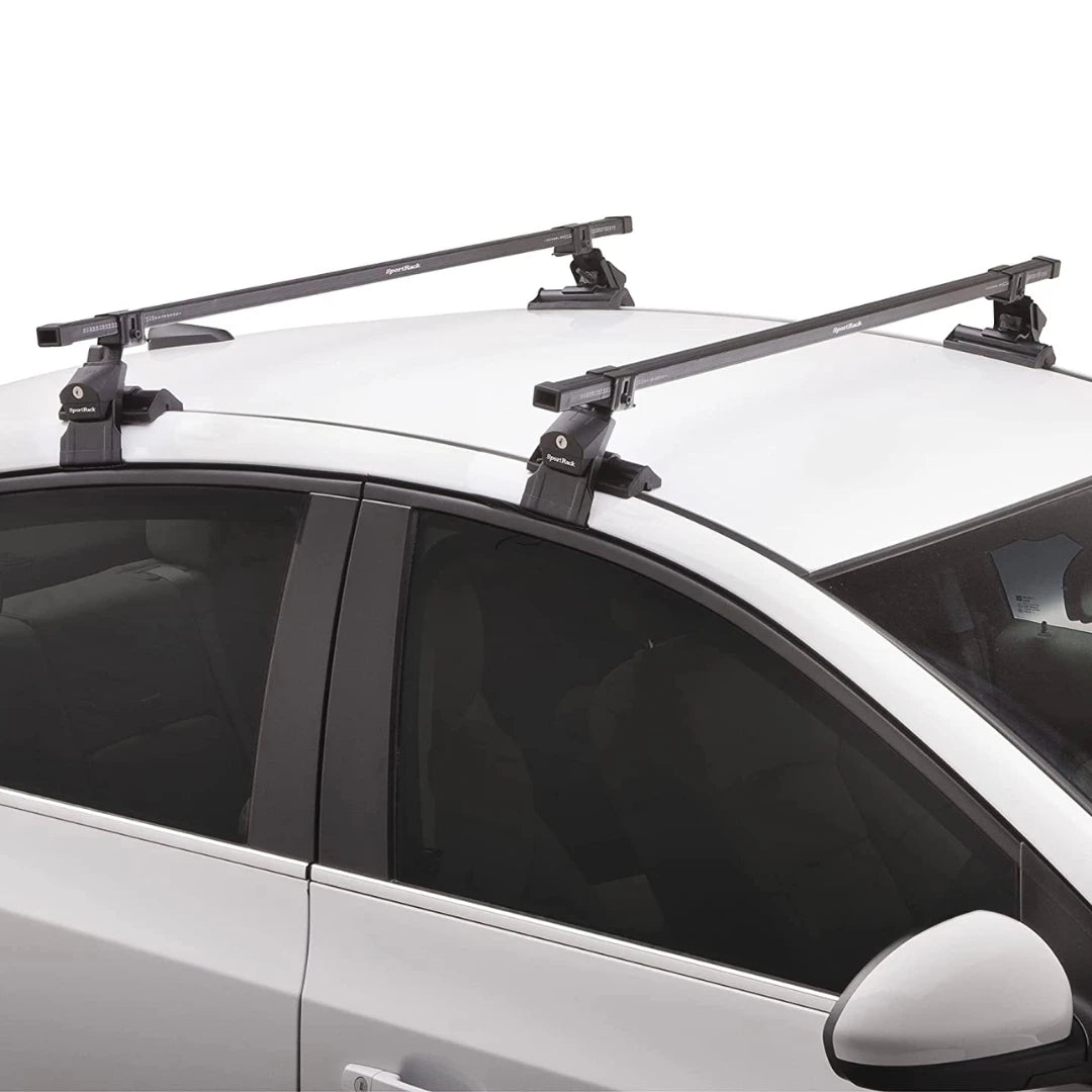 SportRack Flush Roof Rack system installed on white vehicle roof with crossbars secured