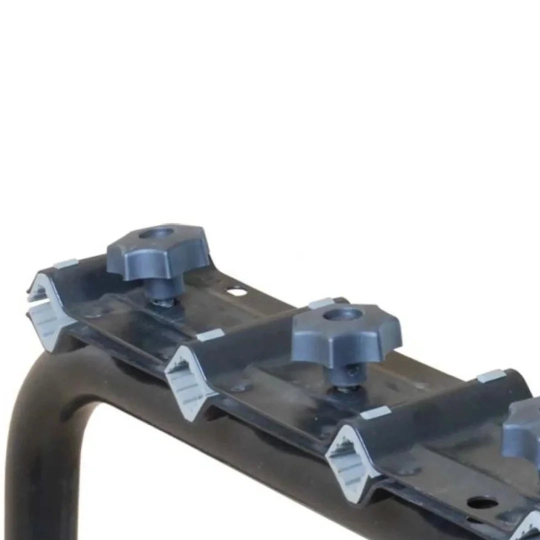 Close-up angle of Swagman Original 3 Bike Carrier top section with three rubber cradles on sturdy steel arm