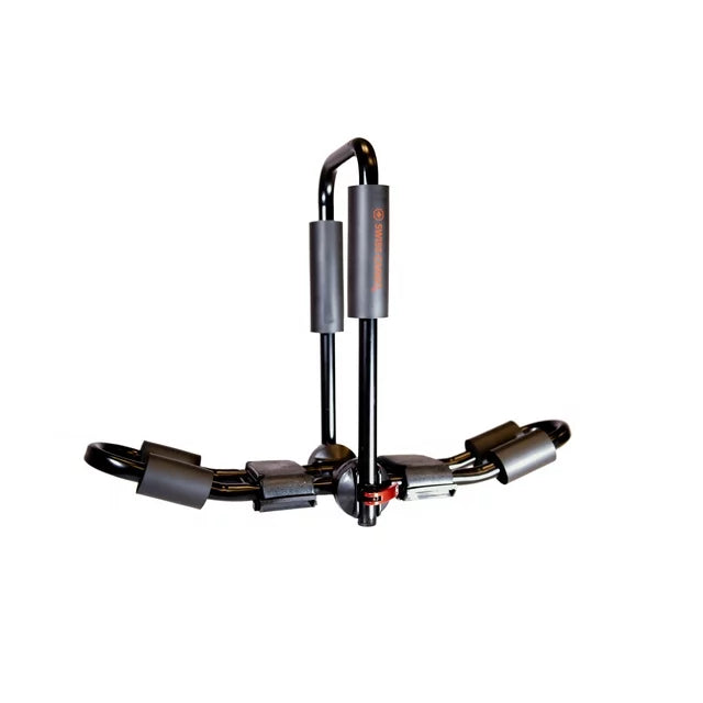 Swiss Cargo 3-in-1 Kayak Carrier standing upright on ground with swiveling center arm visible