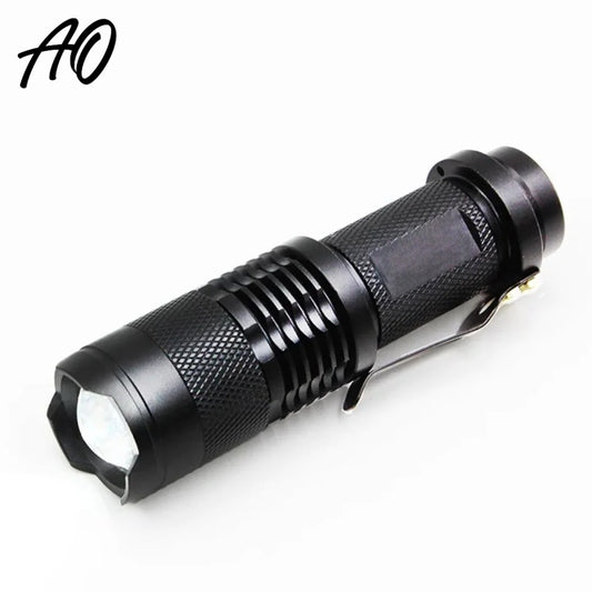 Black AO tactical flashlight with pocket clip displayed on white background