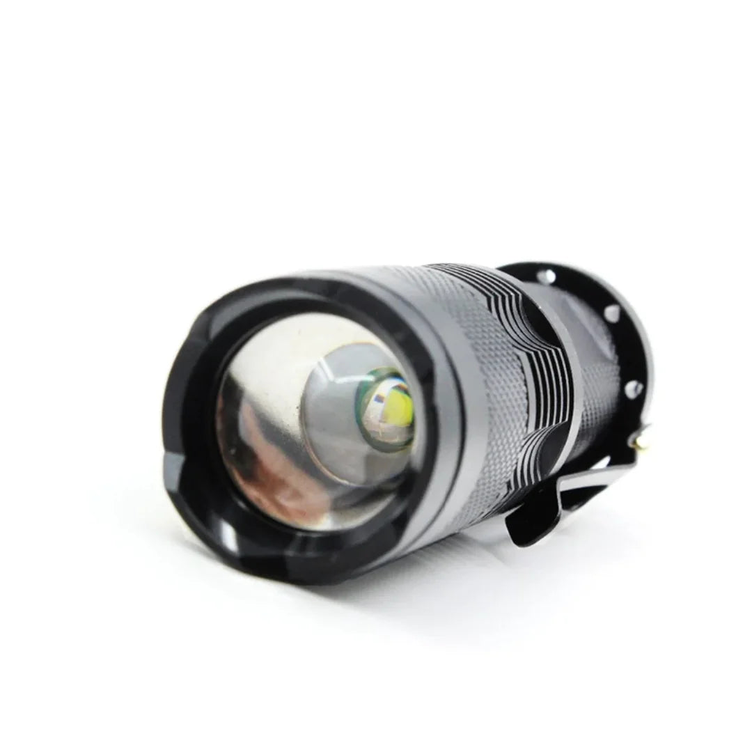 Front view of flashlight lens highlighting adjustable beam and rugged design