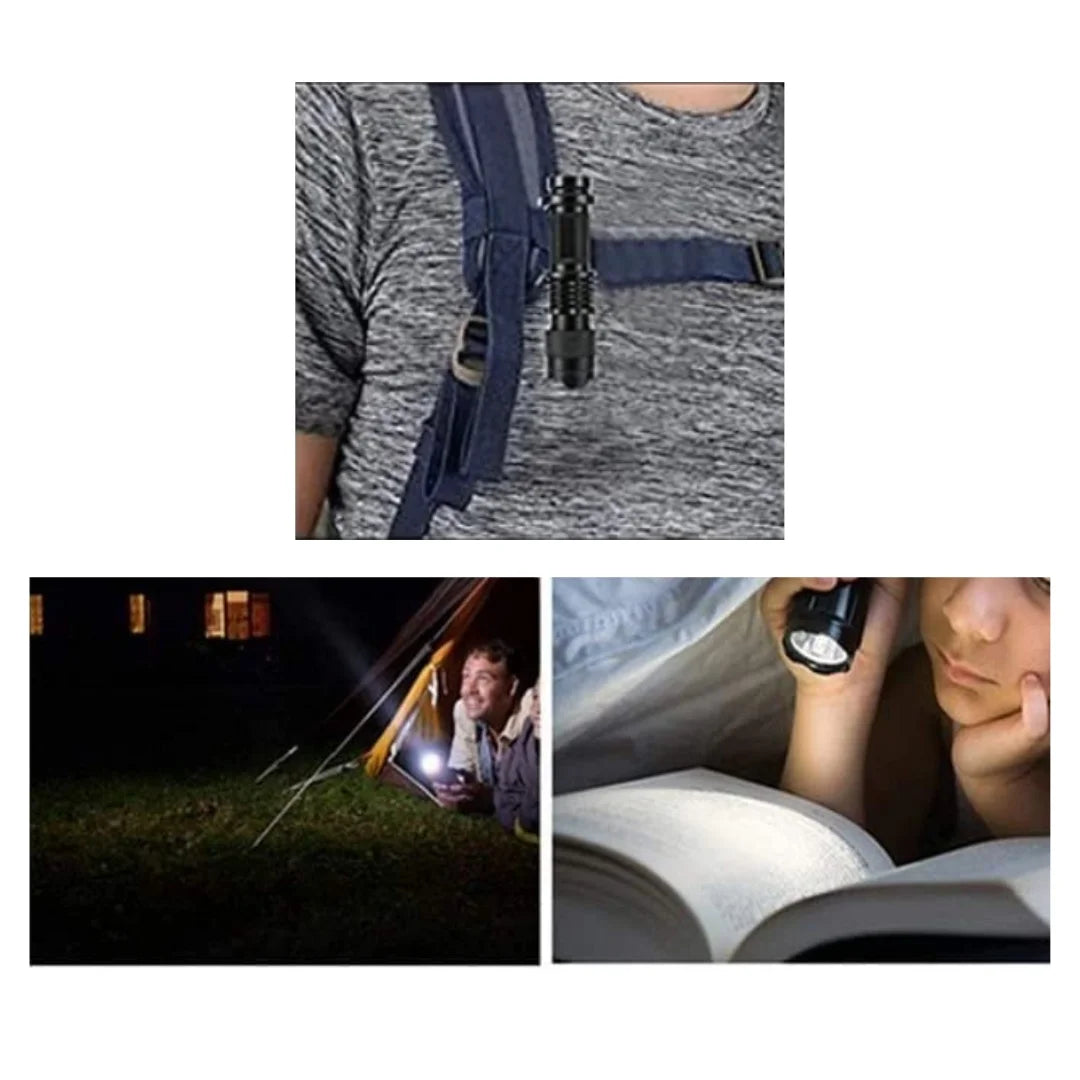 AO flashlight clipped to a backpack and examples of it illuminating at night.