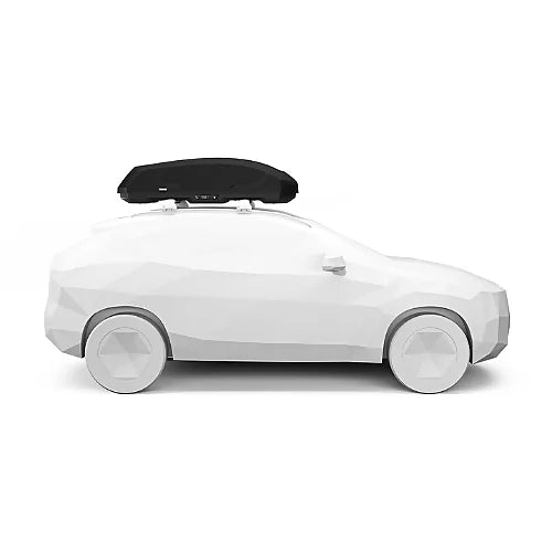 Side view of Thule Force 3 M mounted on white 3D vehicle for aerodynamic rooftop storage