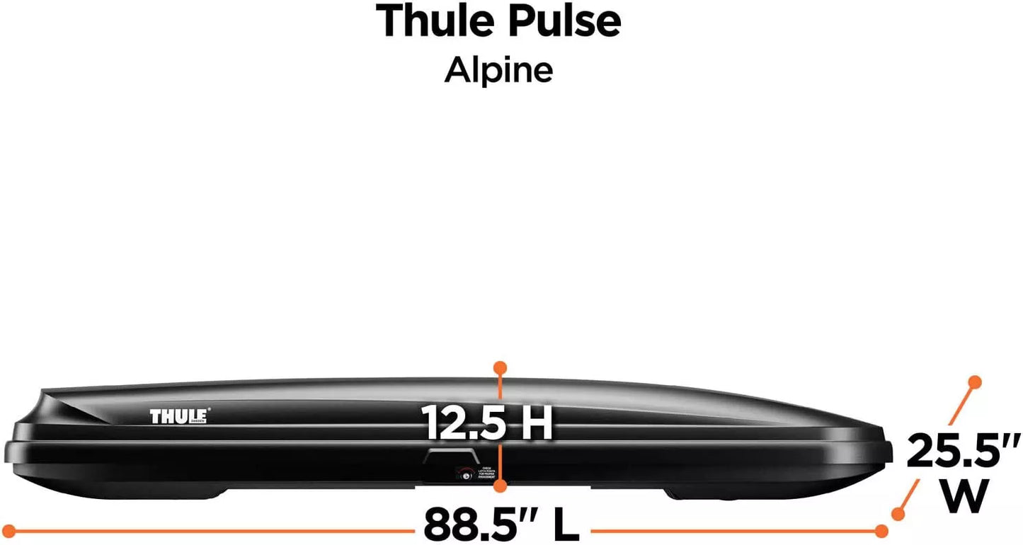 Thule Pulse Alpine with dimension labels – Diagram showing the dimensions of the Thule Pulse Alpine: 88.5" long, 25.5" wide, and 12.5" high.