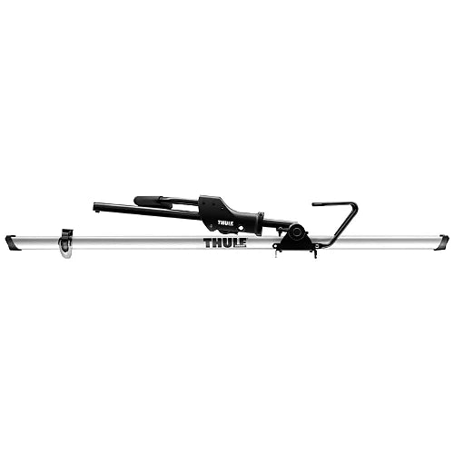 Side view of Thule 594XT Sidearm rooftop upright bike carrier with aluminum tray.hold.