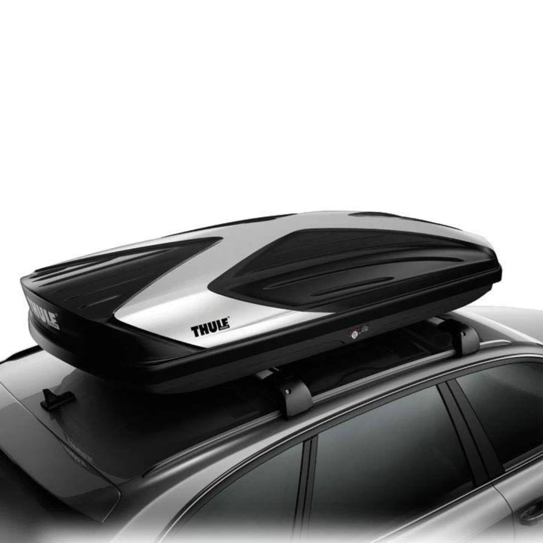 Thule Hyper XL mounted on a vehicle’s roof, viewed from a high angle.