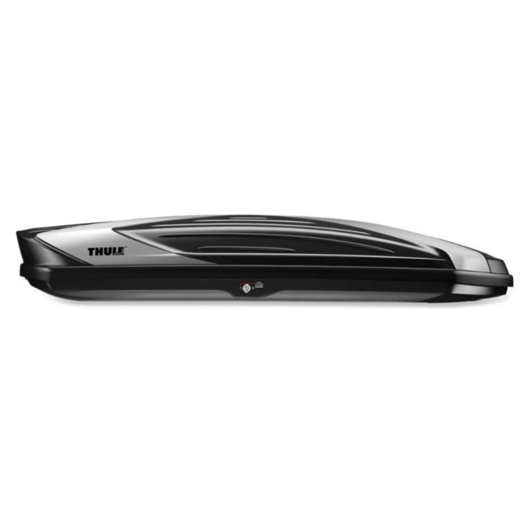 Side profile view of the Thule 612 Hyper XL cargo box showing its glossy black aerodynamic design.