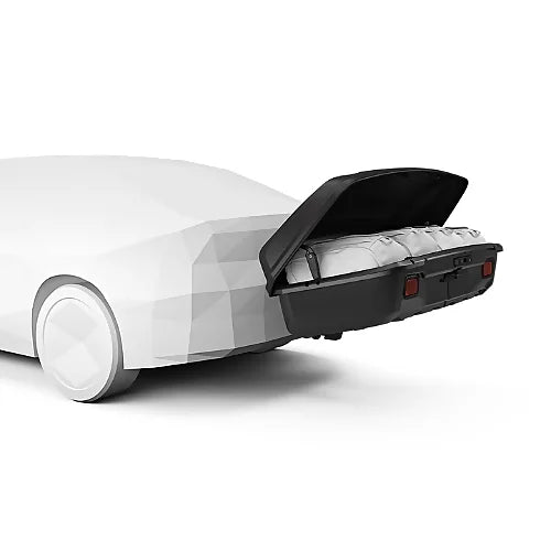 Thule Arcos rear cargo box open, showing spacious interior for secure luggage transport on car hitch