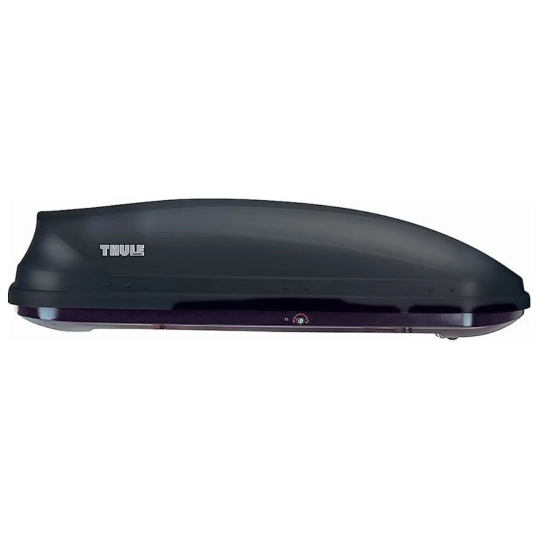 Rear-side view of the Thule Ascent cargo box closed and mounted, highlighting the contoured design and robust shell.
