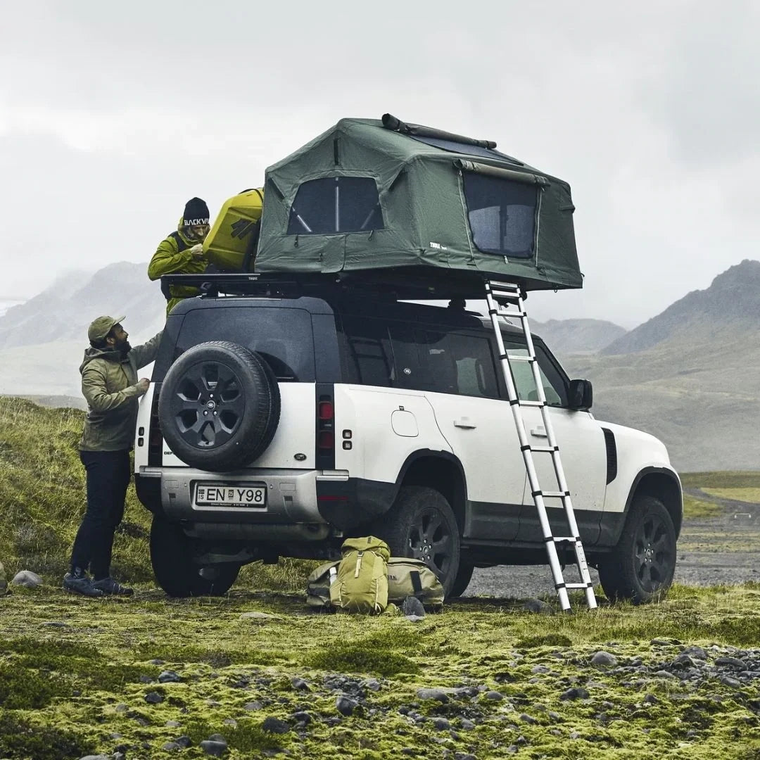 Caprock Platform on a white SUV with rooftop tent setup, ideal for overlanding.