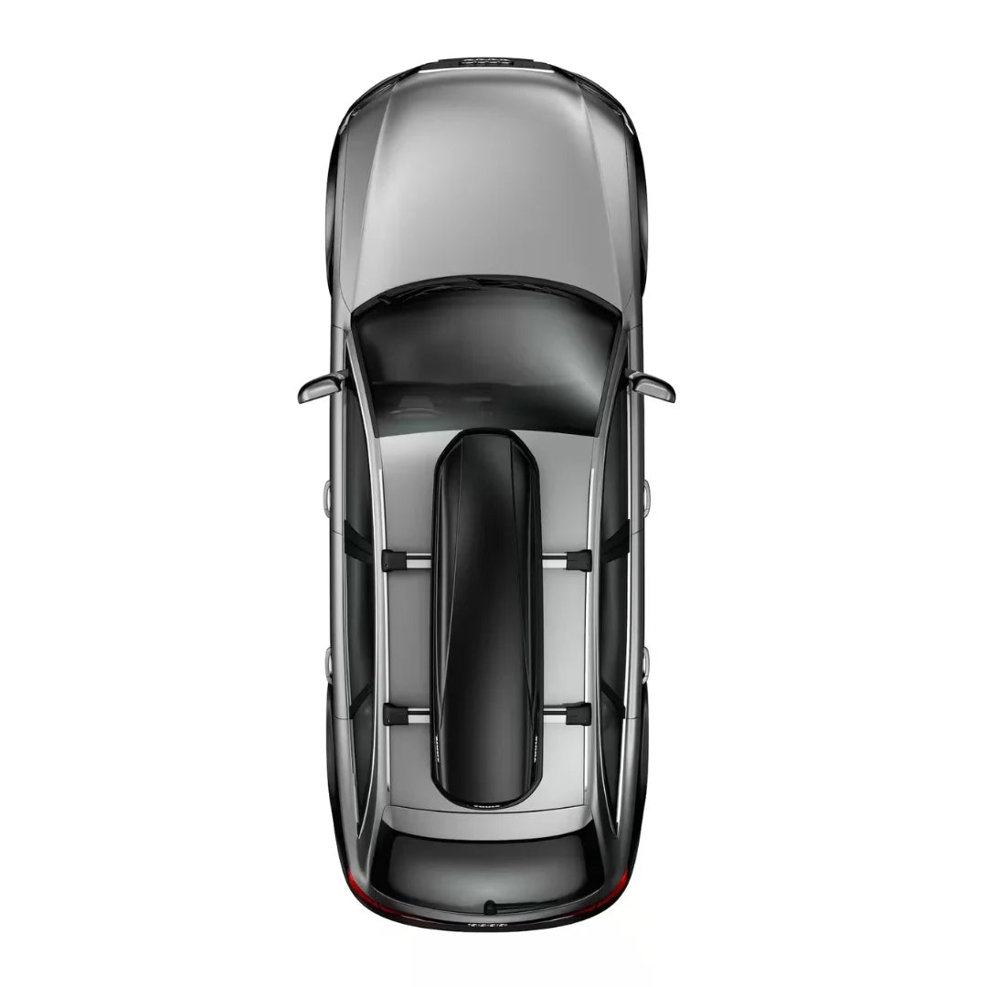 Top-down view of a black car with a Thule Convoy XT Alpine cargo box mounted on the roof.