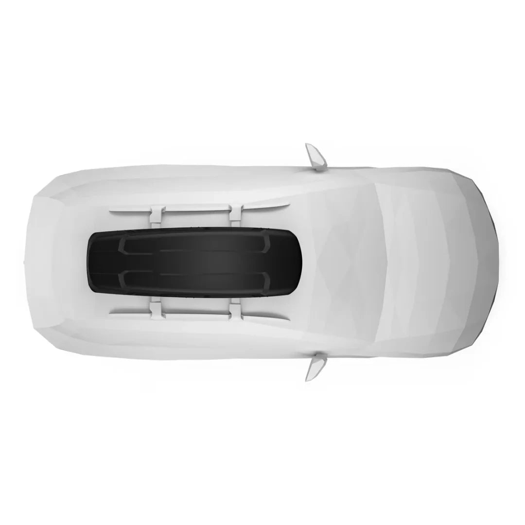 Overhead view of the Thule Force XT Sport mounted on a white vehicle’s roof.
