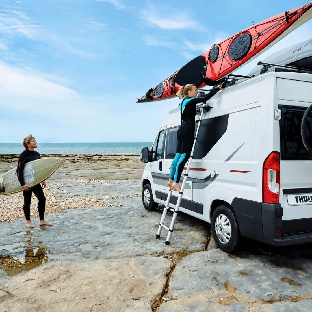 Thule Hullavator Pro kayak rack holding kayaks.