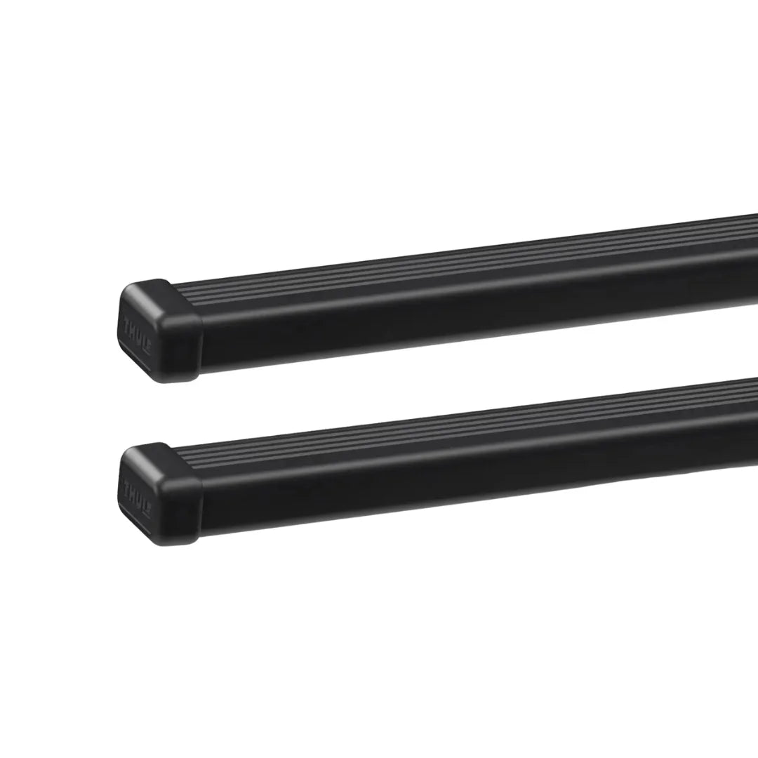 Angled view of two Thule SquareBar Evo crossbars with end caps installed