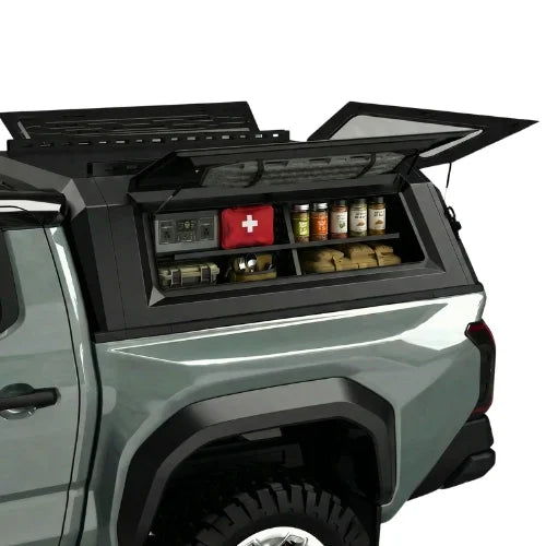 truck cap side storage box for truck canopies on a white background installed on a truck cap driver side
