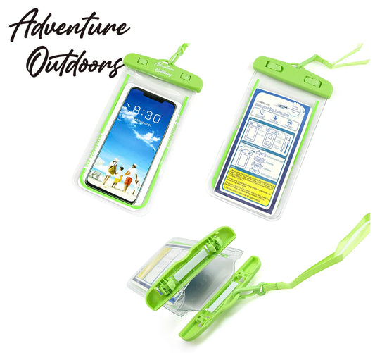 Two green AO water-resistant phone pouches with clear windows, one displaying a phone and the other showing a paper insert