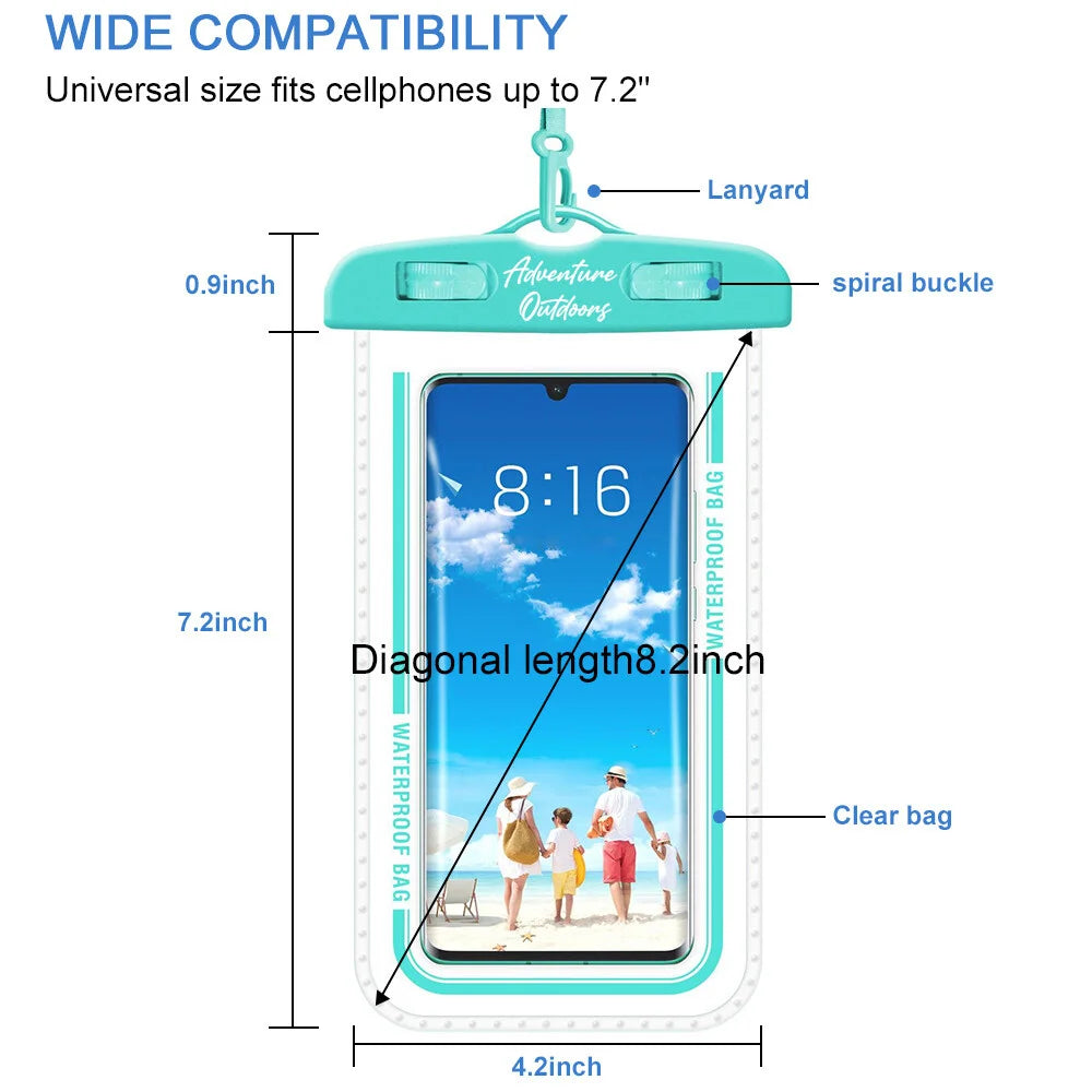 AO water-resistant pouch demonstrating wide compatibility with dimensions and universal fit for up to 7.2-inch phones