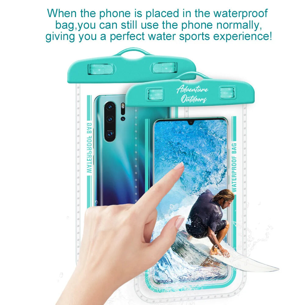 Hand using touch screen through clear AO waterproof pouch showing phone operation while sealed