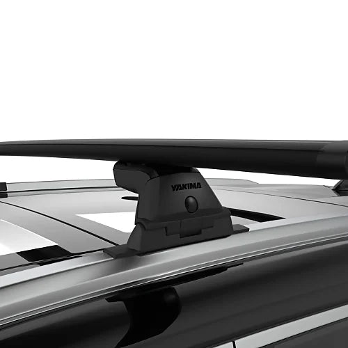 Yakima SkyLine Tower securely mounted to vehicle roof rail with crossbar installed