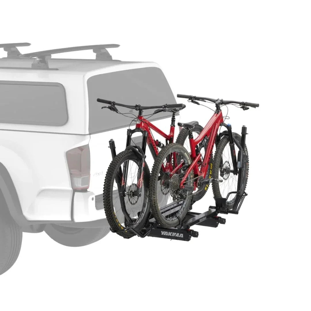 Yakima EXO DoubleUp loaded wth two bikes