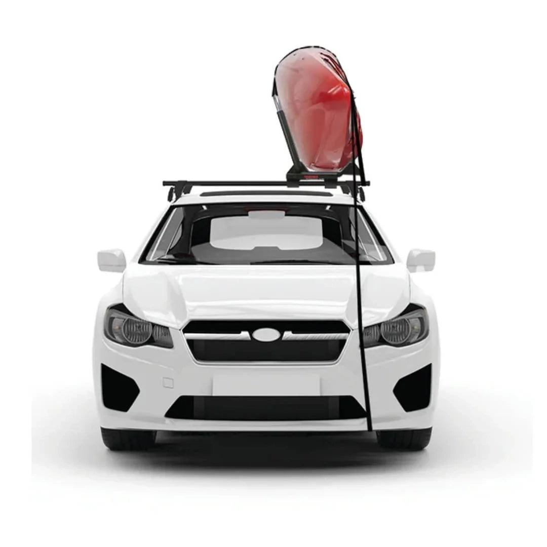 Yakima JayLow Kayak Mount with red kayak strapped to white car